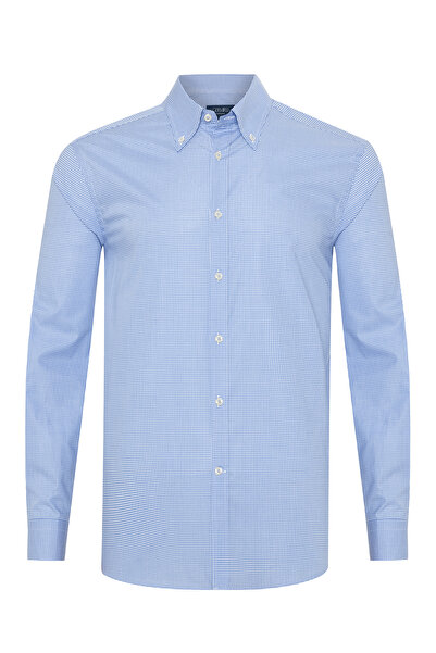 Germirli Testa Exclusive Mavi Mini Pötikare Düğmeli Yaka Tailor Fit Pamuk Gömlek