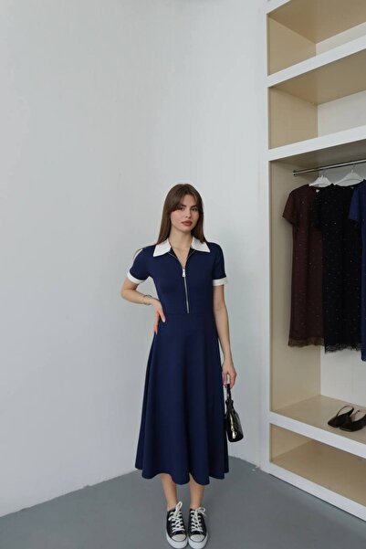 MİHRİZAR Zip Detail Paneled Modal Women's Midi Dress