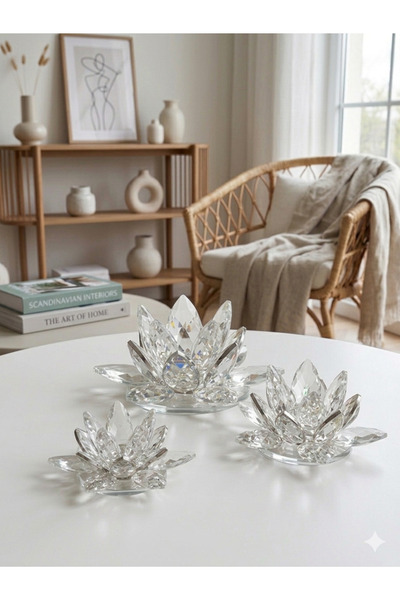 ÖZ KRİSTAL DESİGN Üçlü Gümüş Nilüfer Mumluk