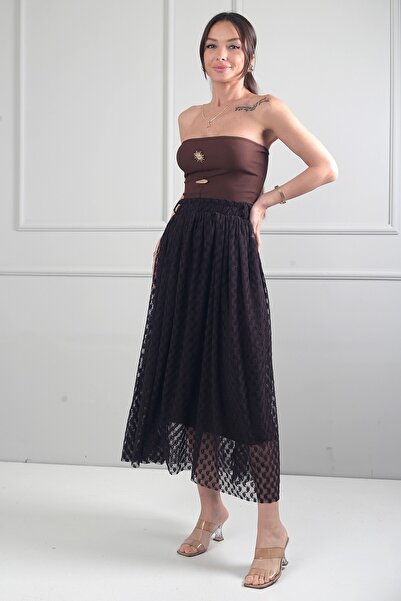 By Saygı Women's Elastic Waist Lined Floral Flock Printed Long Skirt