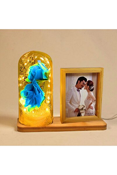 Çerçevelet LED'li Ahşap Güllü Cam Fanus Çerçeve