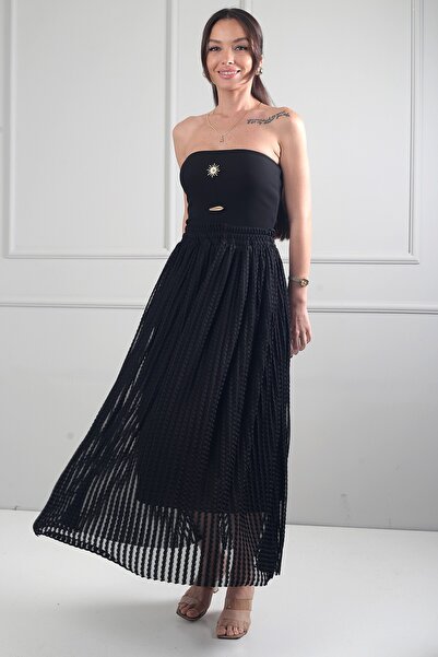 By Saygı Women's Elastic Waist Lined Waterway Flock Printed Long Skirt