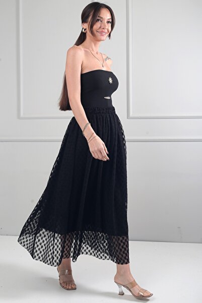 By Saygı Women's Elastic Waist Lined Floral Flock Printed Long Skirt