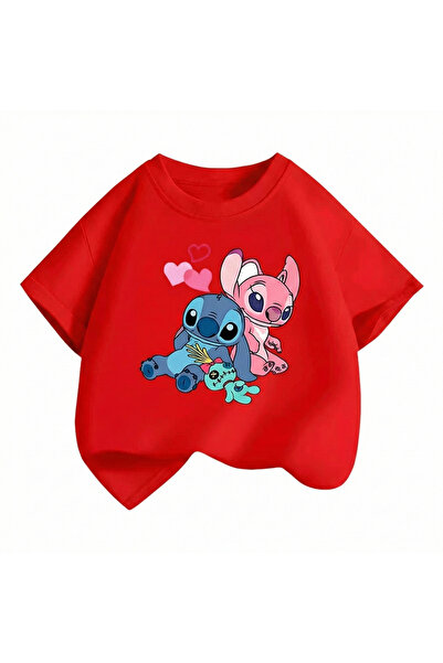 Bidani تيشيرت بناتي بتصميم ستيتش الفضائي الكرتوني، أحمر، من 3 إلى 13 سنة