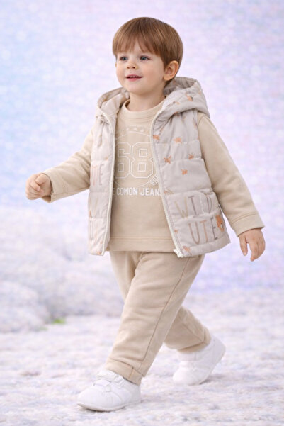 Beblissmini Erkek Bebek Şişme Yelekli 3’lü Takım Sweatshirt Pantolon Bebek Ko...