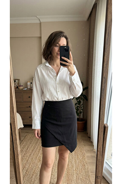 DİMA Black High Waist Design Asymmetrical Closure Mini Skirt