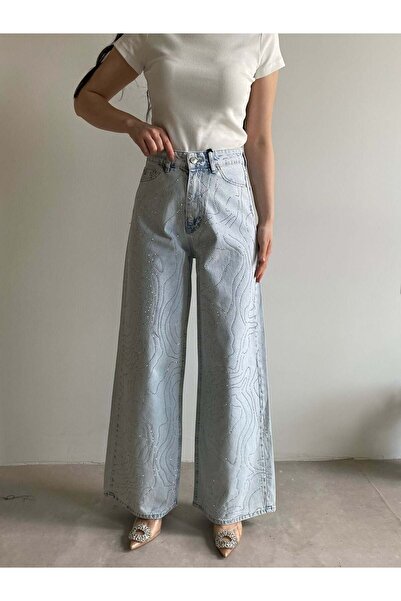 Bade Butik Blugi Palazzo cu pietre albastru gheață