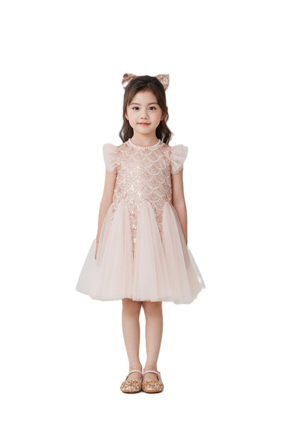 Bidani فستان أورورا مزين بالترتر - لون خوخي - من سنتين إلى 10 سنوات