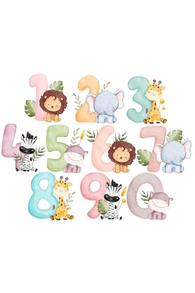 OEM Autocolant decorativ, numere și animale, leu, girafă, zebră, elefant, hip...