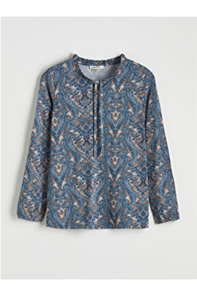 LC Waikiki M1 Sezon Brown Tie-Detail Collar Patterned Blouse