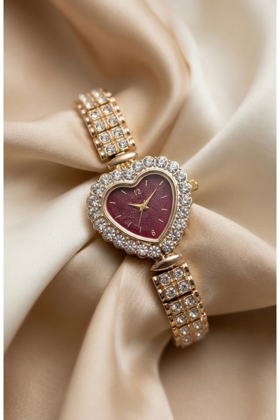 KLISHE Butik Women's Steel Watch Heart Design Stone Gold Color Burgundy Dial ...