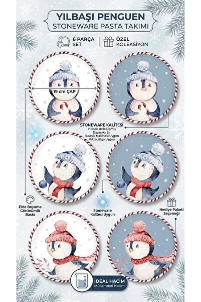 The Mia Yılbaşı Temalı Penguen Desenli Stoneware 6’lı Pasta Tabağı Seti 19 cm