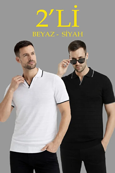 Savira Men's 2-Pack Knitwear Collared Buttonless Open Collar Ribbed Short Sle...
