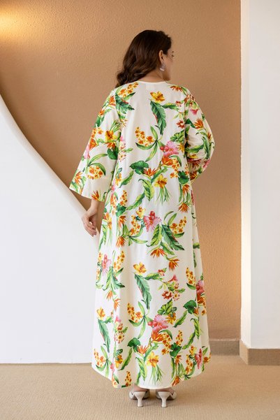 Mabrook Jalabiya 100% Cotton - Ladies A-line Maxi Tropical Floral Printed Embroidered Jalabiya (Cream Multi)