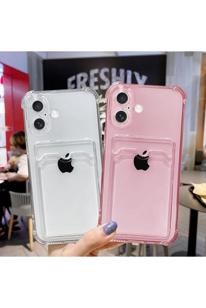 CAYK iPhone 17 Compatible Camera Protected Case with Card Holder Corners Airbag Design Anti-Impact Pink