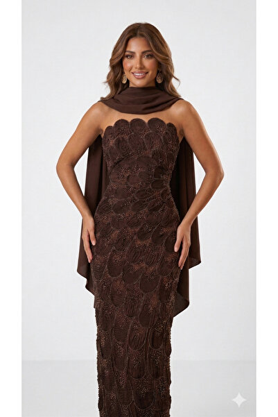 TOP BERLANTY Luxurious dark chocolate-colored evening dress - embroidered "pe...