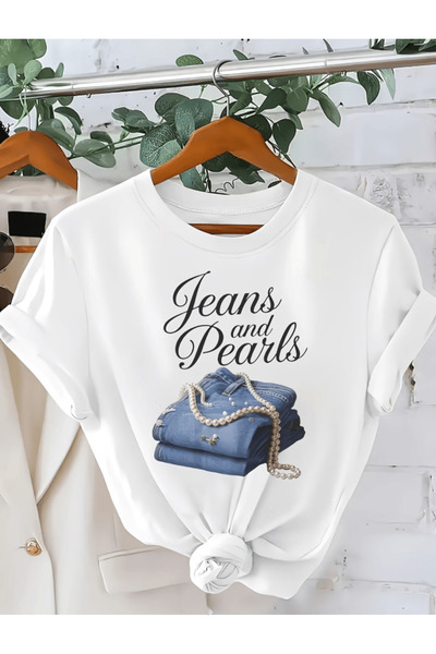 gencerco Μπλουζάκι Premium Oversize με στάμπα Τζιν και Πέρλες