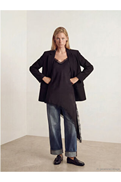 LC Waikiki M1 Sezon Black Lace Detailed Rope Strap Asymmetrical Satin Blouse