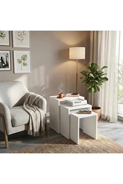 Ysf Ravoni Home Premium MDF 3'lü Zigon Sehpa Seti - Modern İç İçe Geçen Yan S...