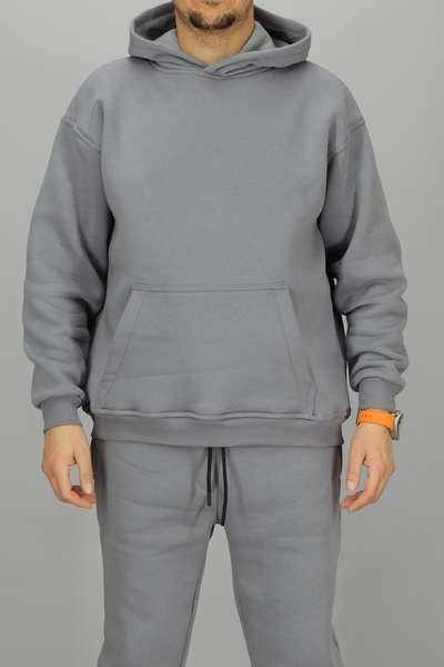 Souris Men's Gray Hooded Kangaroo Pocket Oversized Sweatshirt 3 Thread Brushed Inside Thick Fabric