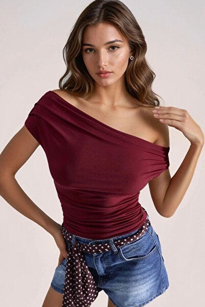 Hiccup Asimetrična bluza sa jednim ramenom i ovratnikom u boji peska