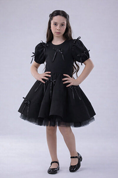 EYLÜL ELİF BUTİK Girl's Black Princess Dress with Ribbon Detail, Tulle Piece ...