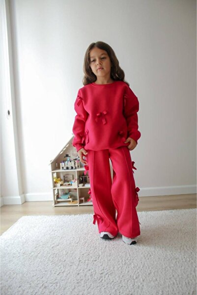 JELİBOOM طقم فوشيا مكون من قطعتين للفتيات تفاصيل فيونكة مبطن بالصوف