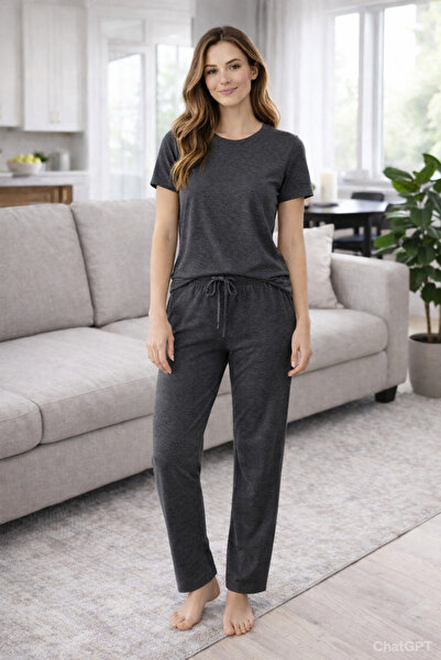 ModaLeaf Anthracite Short-Sleeved Cotton Piece Women's Pajama Set