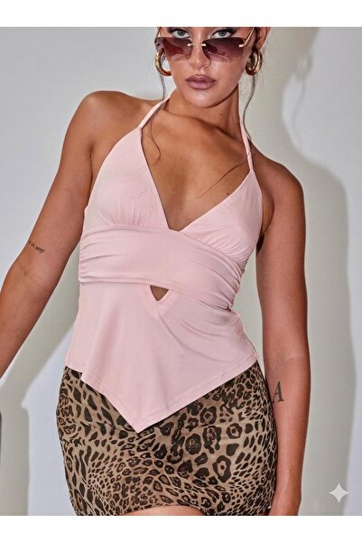 Linich&Co Lace-Up Neckline Double Layered Cropped Blouse