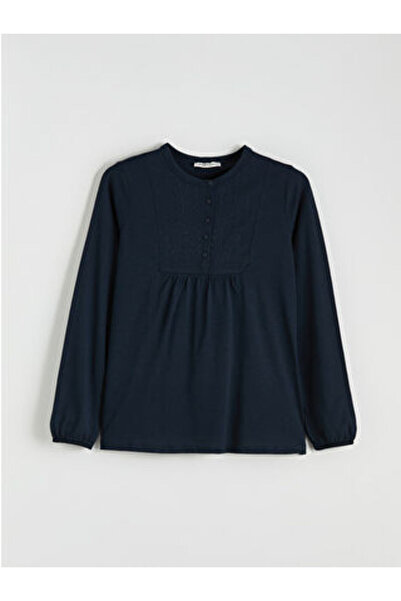 LC Waikiki M1 Sezon Navy Blue Crew Neck Embroidered Blouse