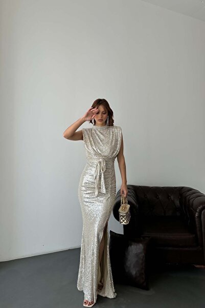 MyLoore Γυναικείο μακρύ βραδινό φόρεμα με χρυσή ζώνη και παγιέτες |   Κομψό φ...