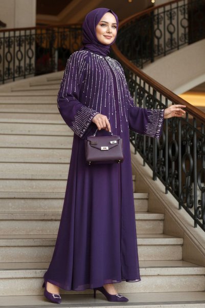 N.S NEVA STYLE Cape Detailed Dark Purple Hijab Evening Dress 25912Kmor