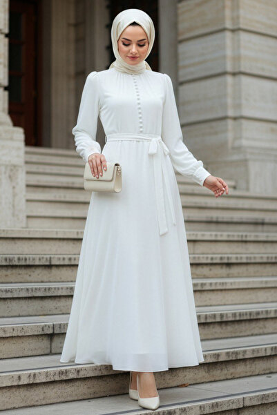 N.S NEVA STYLE Λευκό Φόρεμα Τεσεττούρ με Λεπτομέρεια από Κουμπιά 2703B