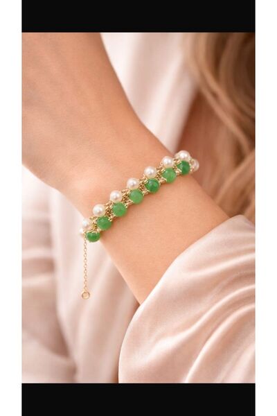 MDGS COLLECTİON Pearl and Green Shiny Bead Braided Bracelet