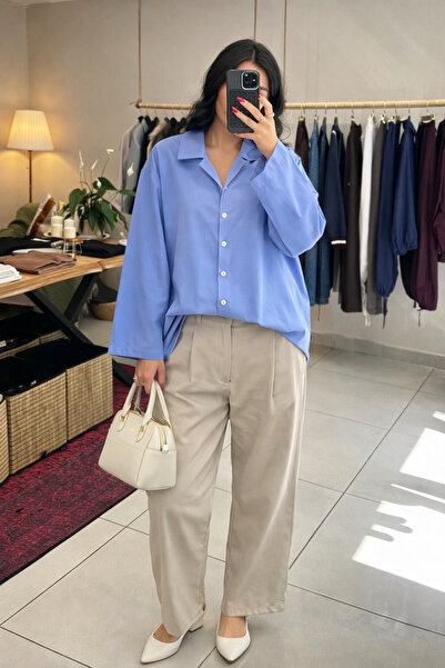 MODA Kadın Mavi Pamuk Oversize Basic Düğmeli Salaş Ceket Modeli Gömlek