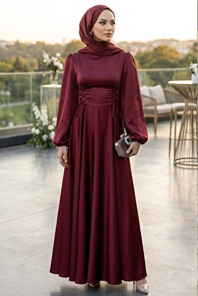N.S NEVA STYLE Balloon Sleeve Burgundy Satin Hijab Evening Dress 61501Br