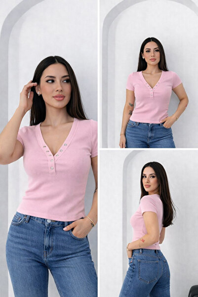 Noa&Noa Stretch Fabric Button V-Neck Ribbed Knit Blouse – Pink Soft