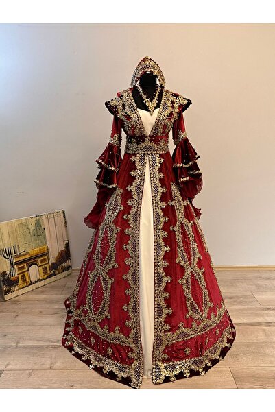 ZK ZÜMRÜT KAFTAN Bordo Renk Gold İşlemeli Bindallı Kaftan Takımı