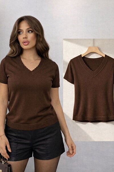 peri tower Women's V-Neck Mercerized Fine Knit Blouse Short Sleeve Summer 0078