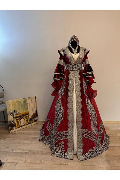 ZK ZÜMRÜT KAFTAN Bordo Renk İşlemeli Bindallı Kaftan Takımı