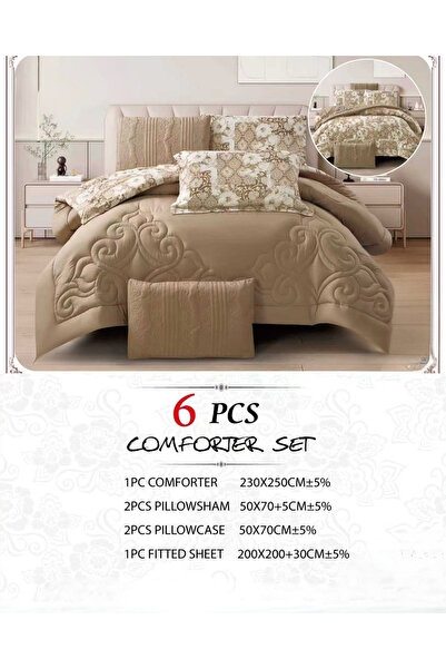 genric 6Pc Reversible Comforter Set 240x260cm Comforter with 2 Pillowshams 2 Pillowcases & Fitted Sheet