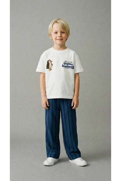 Leni Kids Boy's Animal Printed T-Shirt and Navy Blue Striped Pants Set