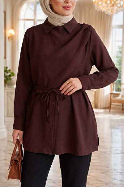 bellura Önü Çift Detaylı Bağcıklı Düğmeli Modal Gömlek