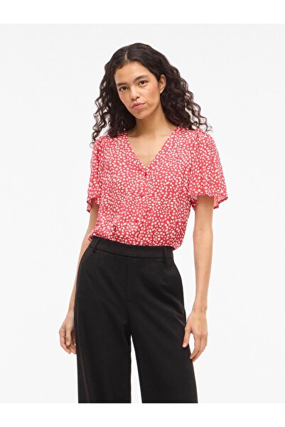 VILA Kurzarmhemd VIGRACE V-Ausschnitt