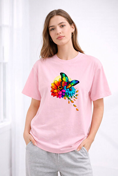 YUNAYT تي شيرت نسائي برقبة دائرية وتفاصيل طباعة كبيرة الحجم