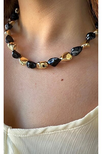 lotusbybuket Vip Model Gold Black Natural Stone Necklace 44+5cm Long