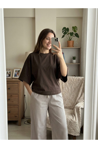 BUSEM Kahverengi Yarasa Kol %100 Pamuk T-Shirt