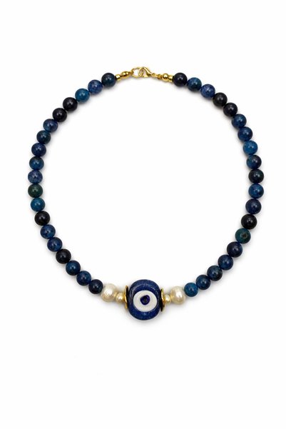 db DİLEK BAŞ TASARIM Lapis Natural Stone Evil Eye Beaded Pearl Detailed Women's Necklace