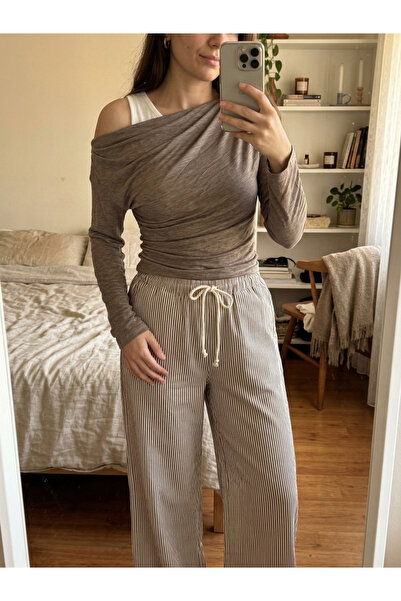 BUSEM Kahverengi Krem Çizgili Pantolon