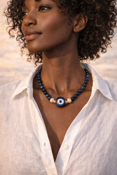 db DİLEK BAŞ TASARIM Lapis Natural Stone Evil Eye Beaded Pearl Detailed Women's Necklace